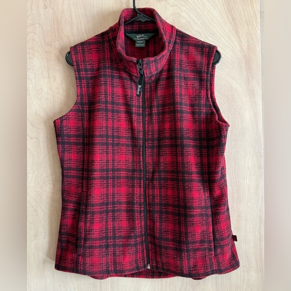 Woolrich Fleece Vest Red Black Hunt Plaid Full Zip Women's L Warm Soft Cozy